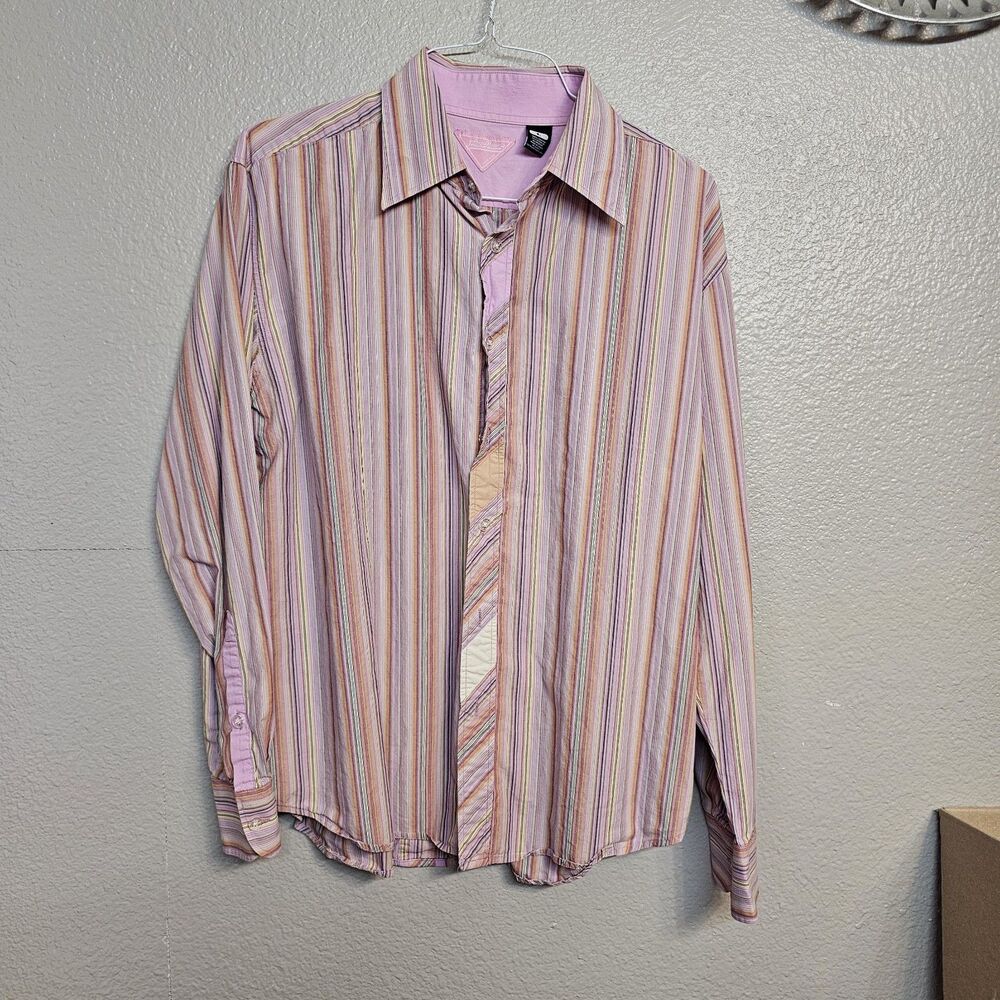 Paco Jeans Men's L Pink Multicolor Stripe Button Up Shirt Y2K Streetwear FF786